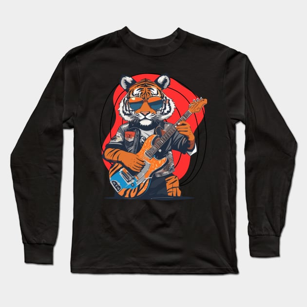 Tiger Play Guitar Long Sleeve T-Shirt by ReaBelle